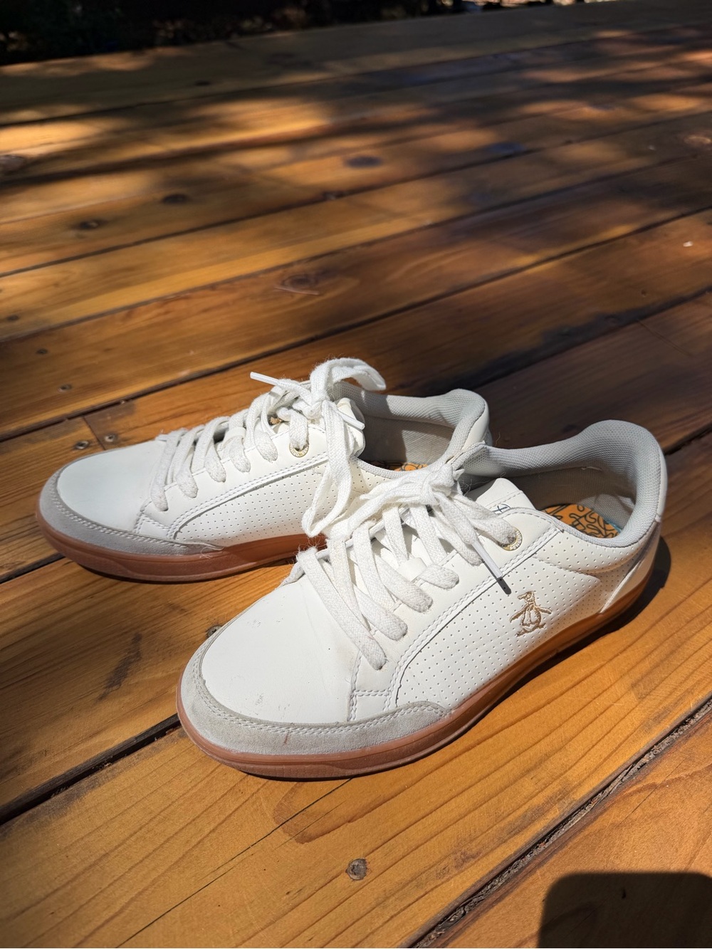 Original Penguin Men’s White Faux Leather Lace-Up Sneakers Gum Sole Size 7.5